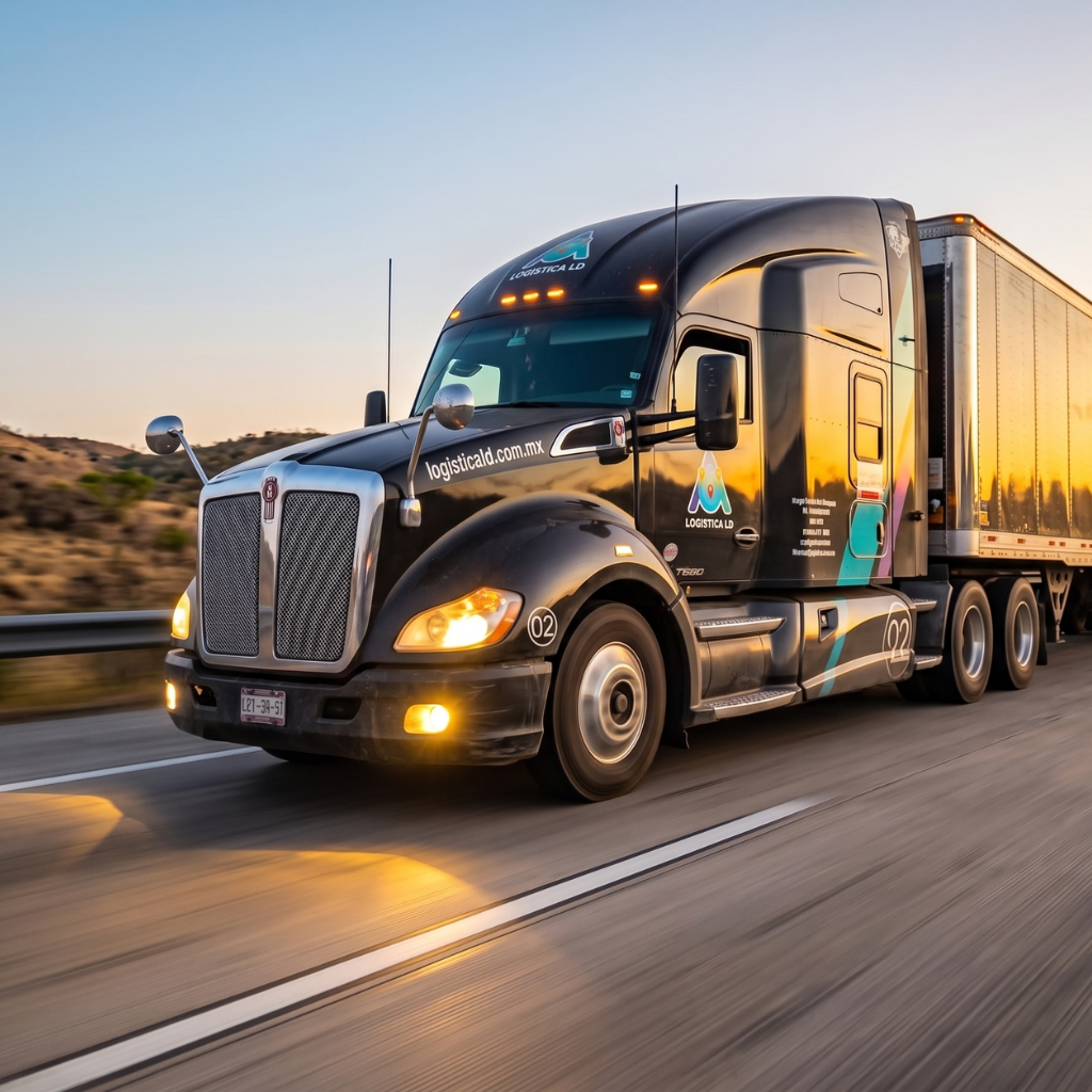 [Tractocamión Kenworth negro de Logística LD en autopista nacional]