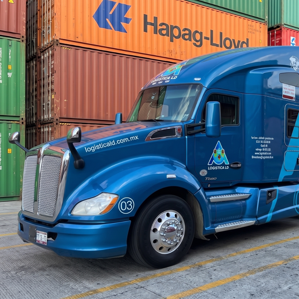 [Tractocamión azul de Logística LD en puerto de Manzanillo]